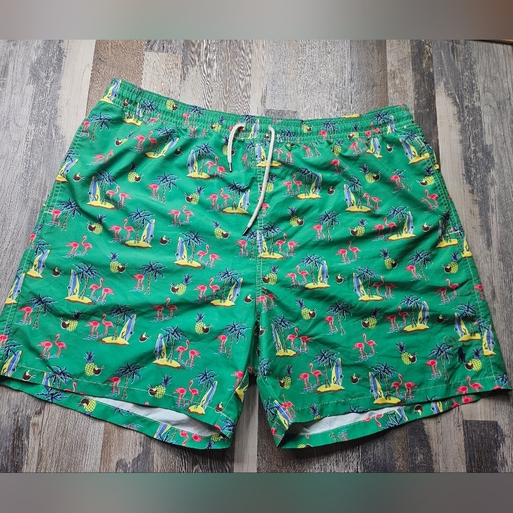 Polo Ralph Lauren Men's 2XL Swim Trunks Lined Flamingo Board Shorts Green